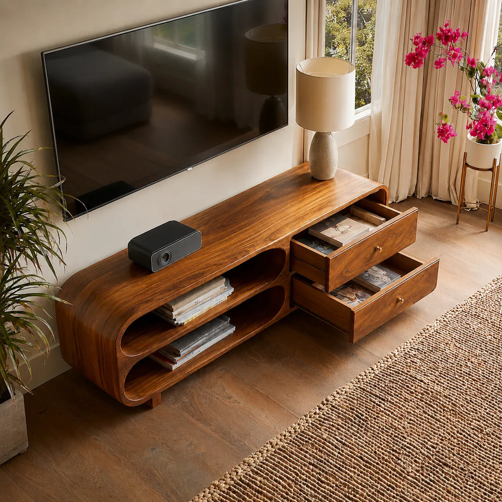 Rounded Natural Solid Wood TV Stand with Open Shelves and Drawers