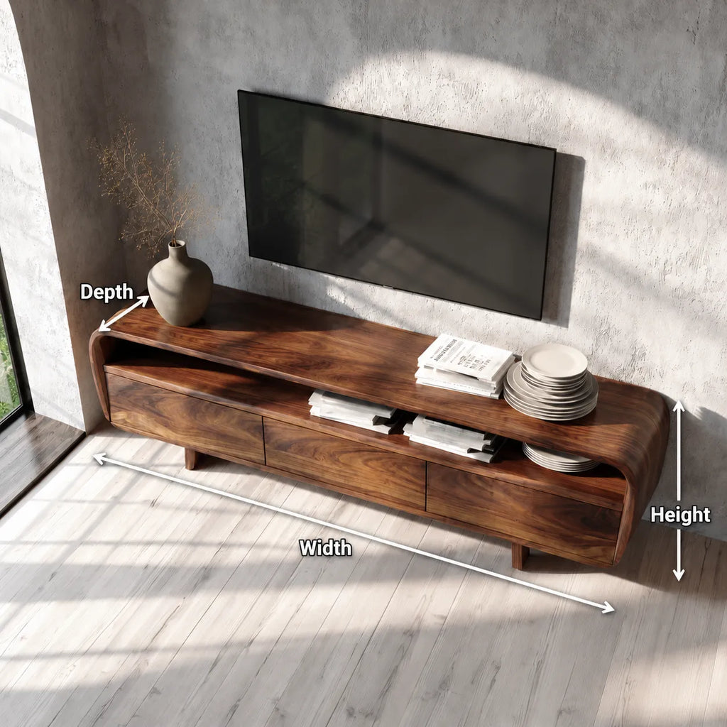 Curved Natural Solid Wood TV Stand with Open Shelf and 3 Drawers