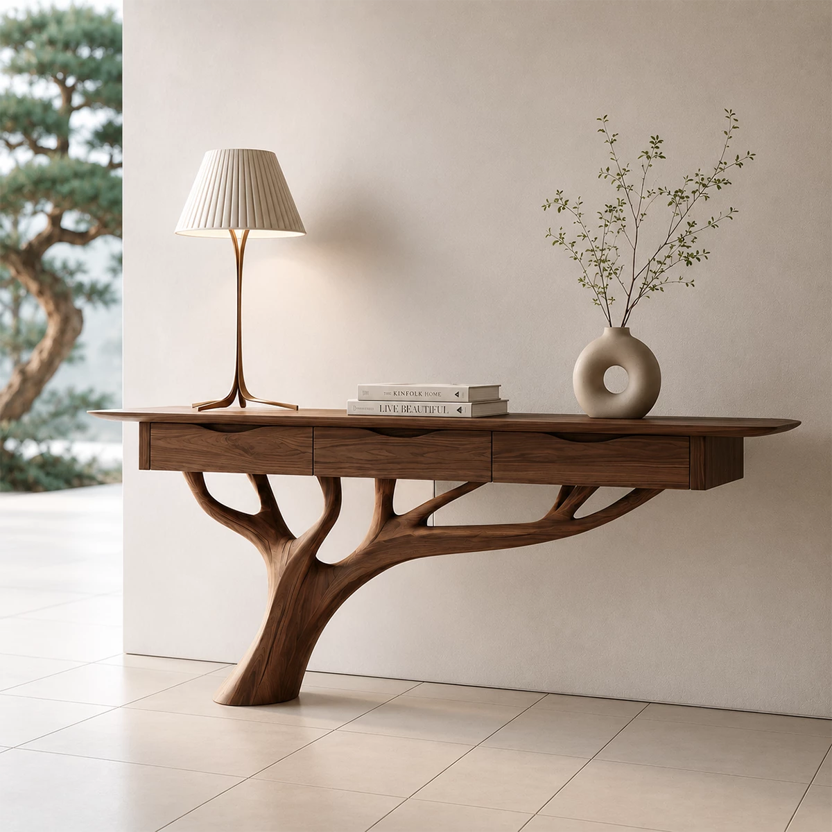 Natural Solid Wood Console Table Sculptural Tree Branch Wabi Sabi Style