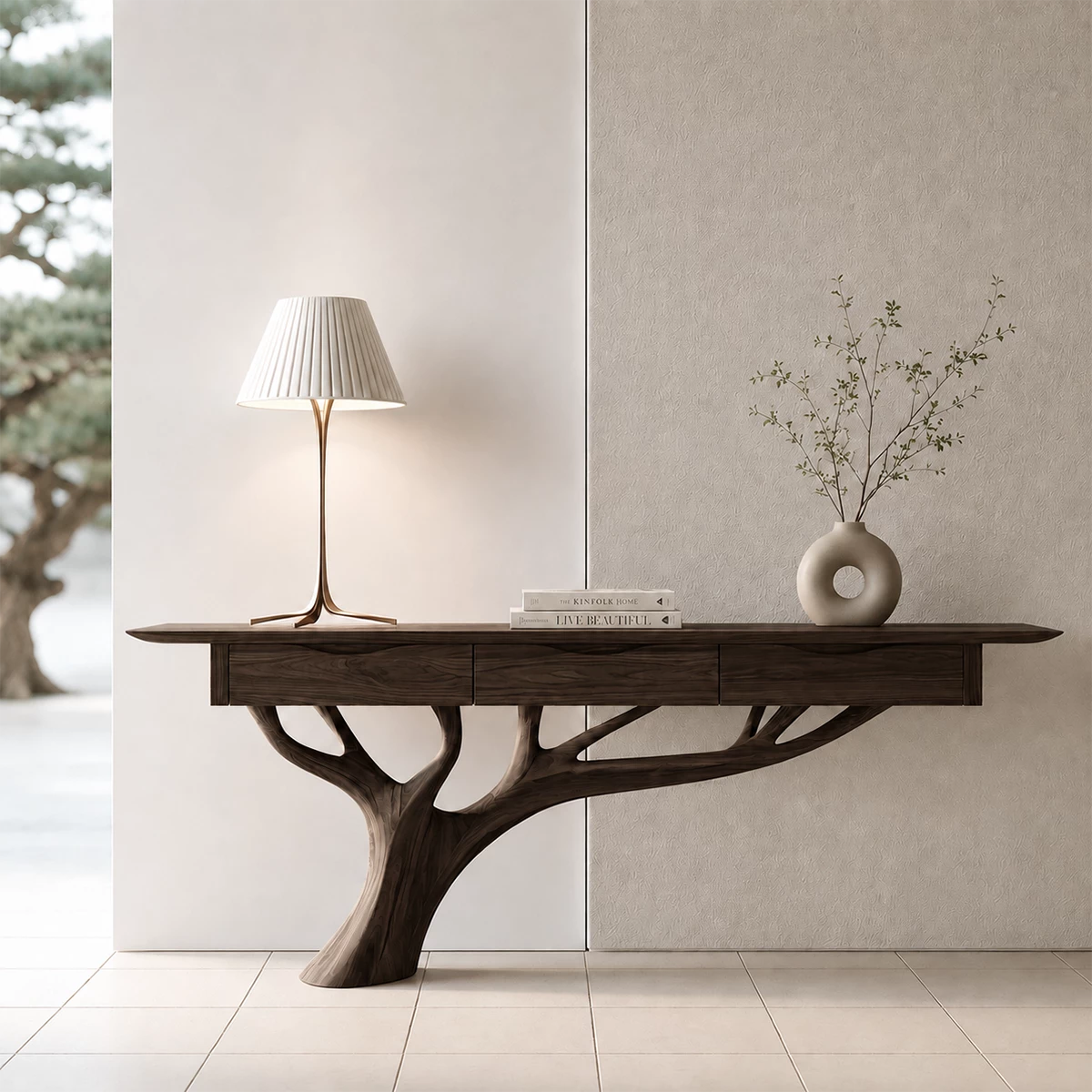 Natural Solid Wood Console Table Sculptural Tree Branch Wabi Sabi Style