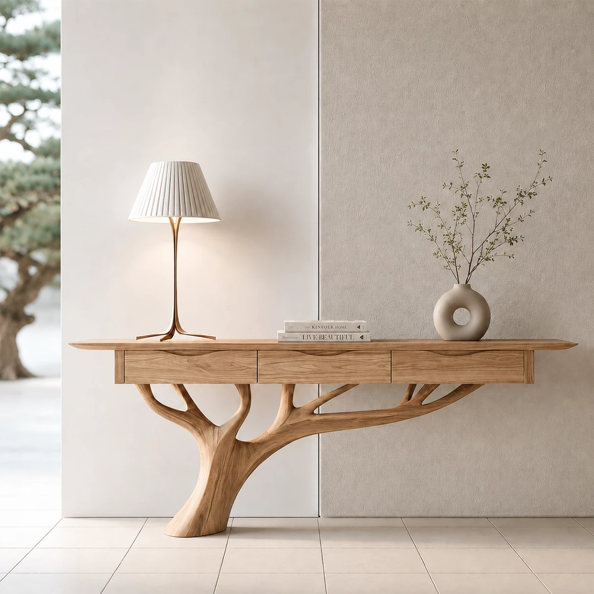 Natural Solid Wood Console Table Sculptural Tree Branch Wabi Sabi Style