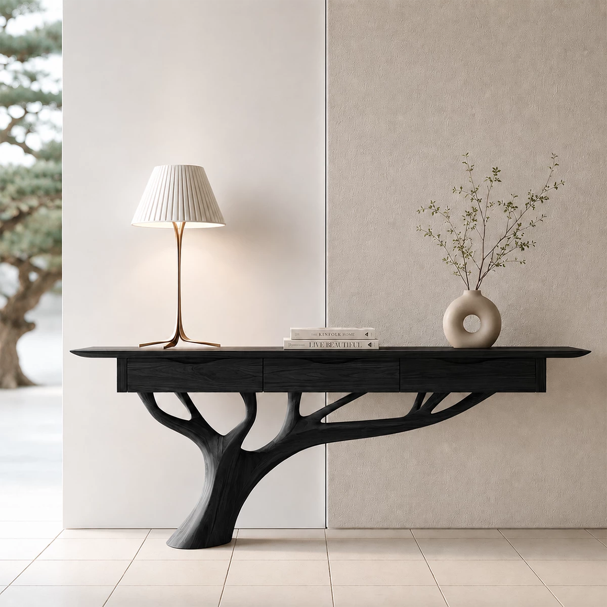 Natural Solid Wood Console Table Sculptural Tree Branch Wabi Sabi Style
