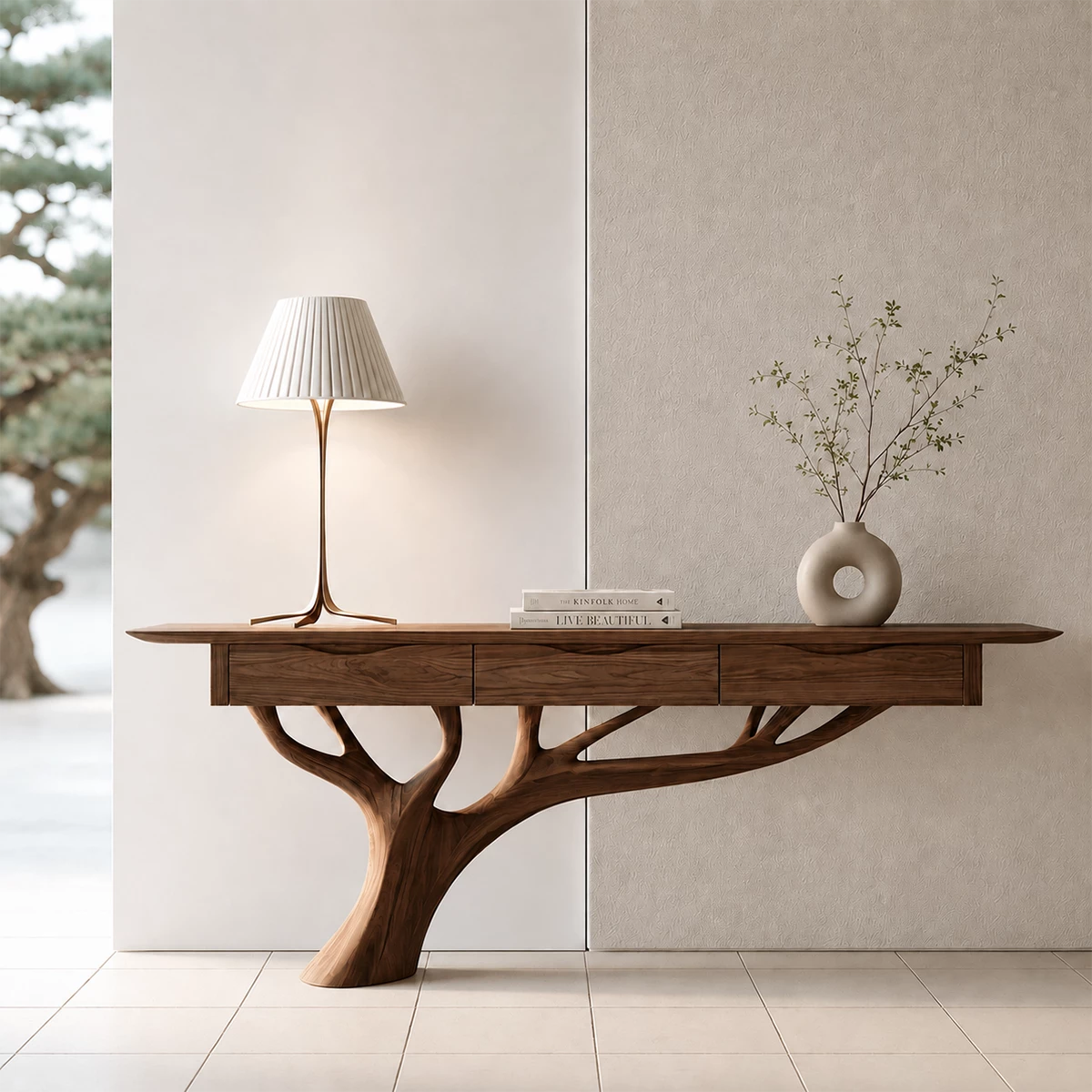 Natural Solid Wood Console Table Sculptural Tree Branch Wabi Sabi Style