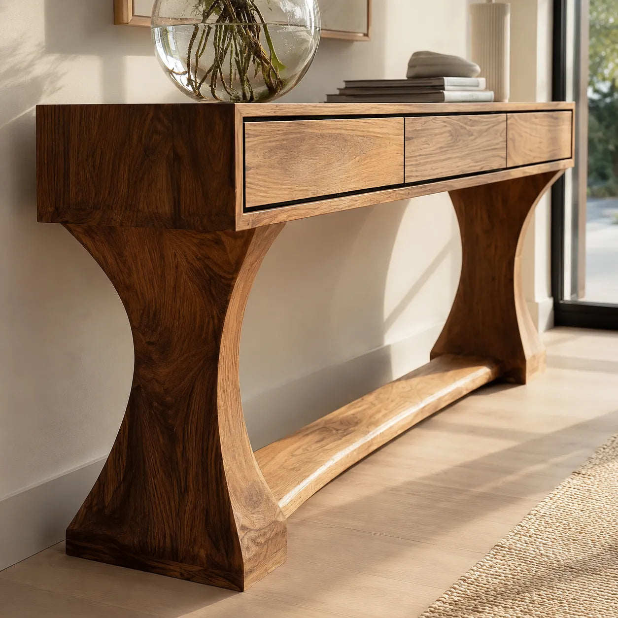 Natural Solid Wood Console Table with Drawers and Sculptural Base