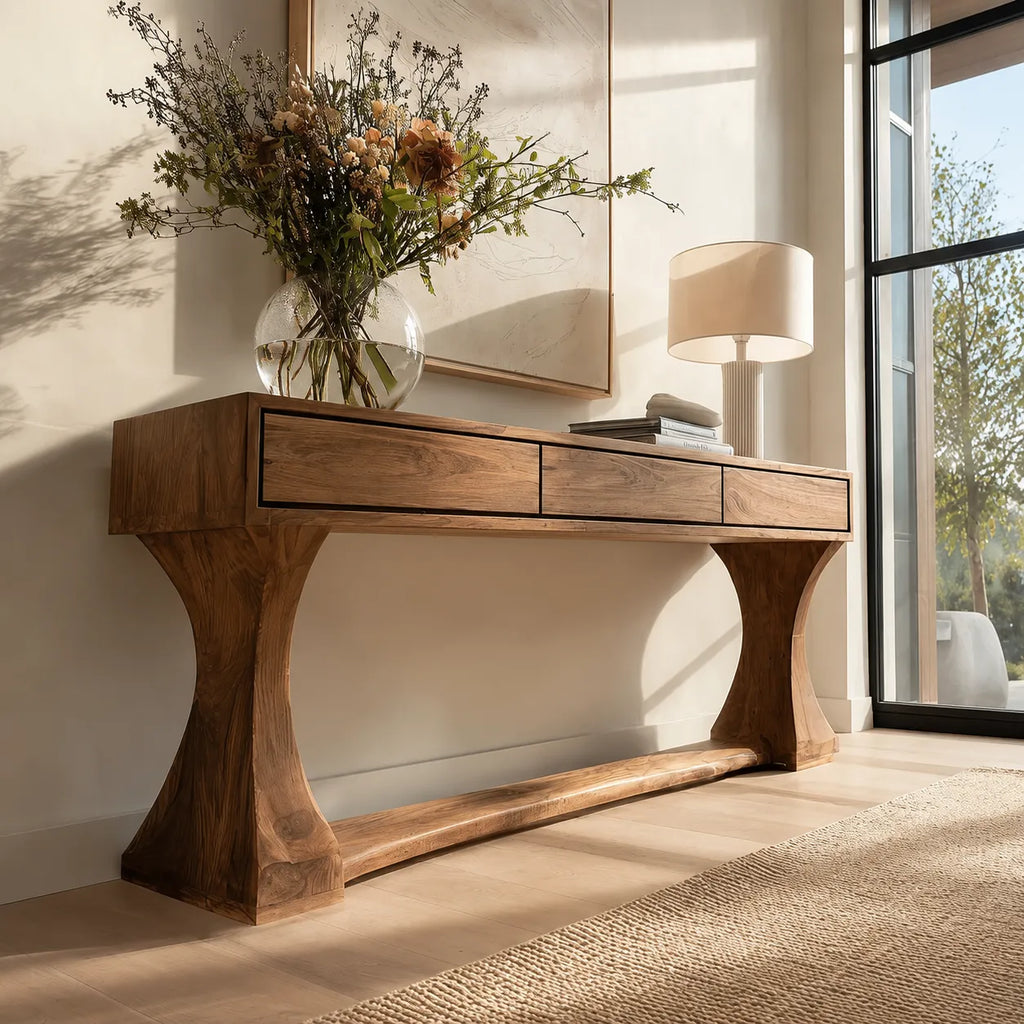 Natural Solid Wood Console Table with Drawers and Sculptural Base