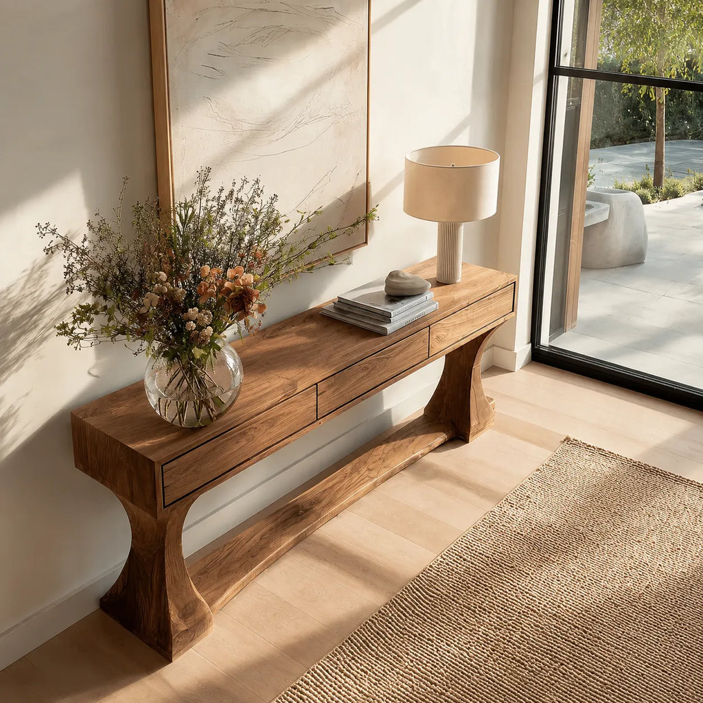 Natural Solid Wood Console Table with Drawers and Sculptural Base