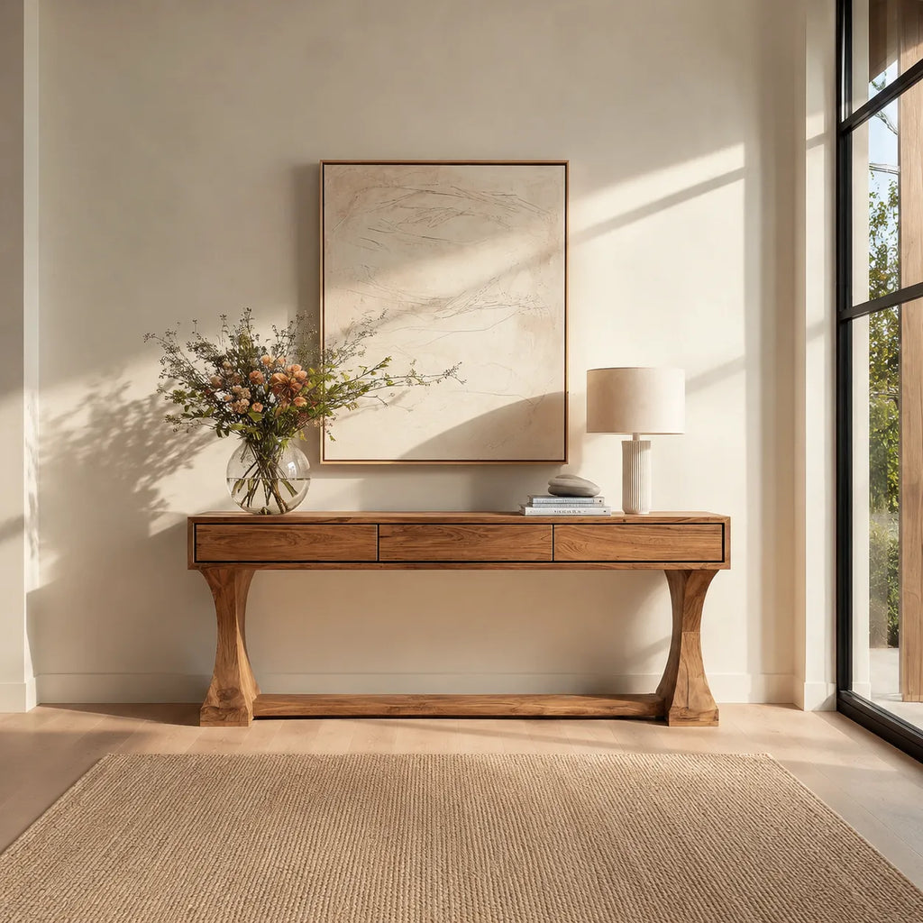 Natural Solid Wood Console Table with Drawers and Sculptural Base