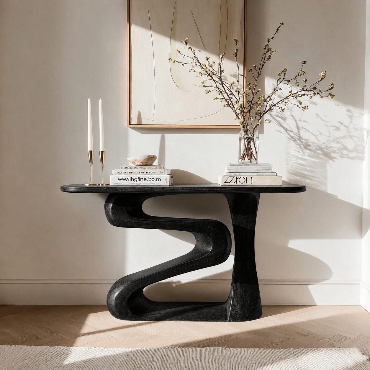 Sculptural Natural Solid Wood Console Table with Flowing Z Shape Base