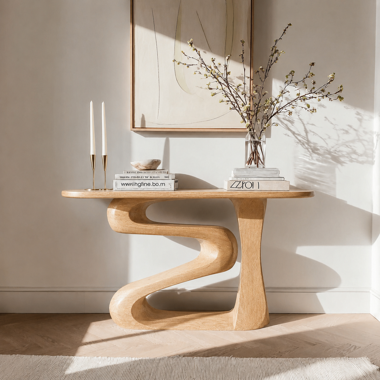 Sculptural Natural Solid Wood Console Table with Flowing Z Shape Base