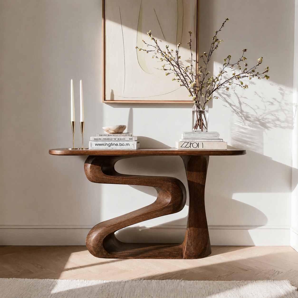Sculptural Natural Solid Wood Console Table with Flowing Z Shape Base