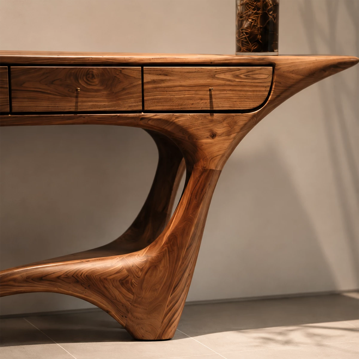 Natural Solid Wood Console Table with Four Drawers Sculptural Modern Style