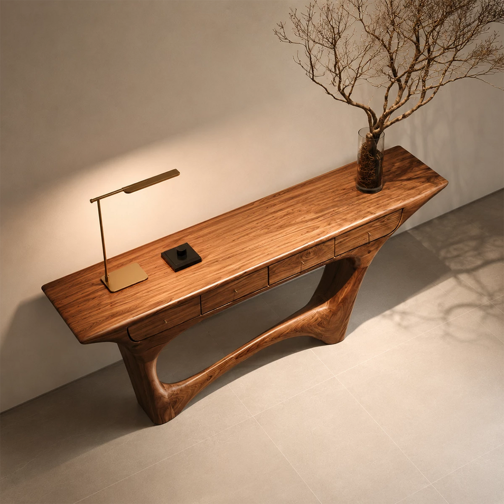 Natural Solid Wood Console Table with Four Drawers Sculptural Modern Style
