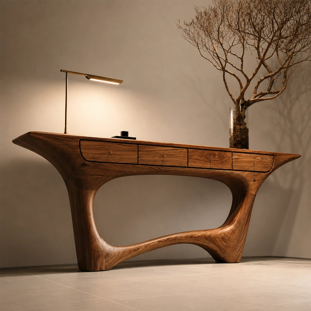 Natural Solid Wood Console Table with Four Drawers Sculptural Modern Style