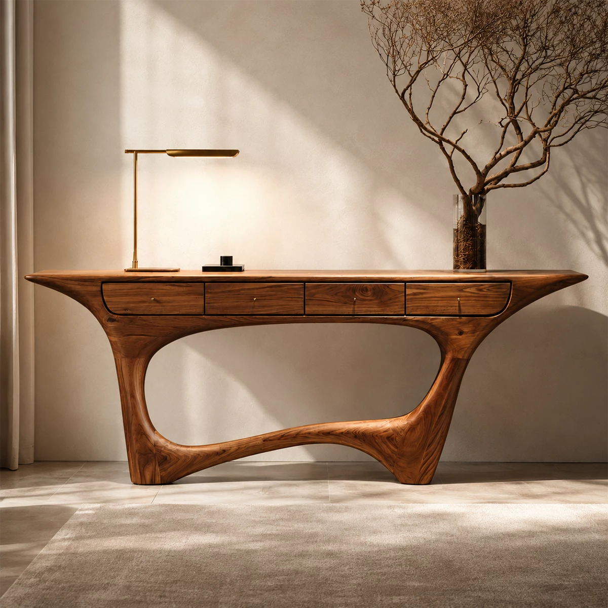 Natural Solid Wood Console Table with Four Drawers Sculptural Modern Style