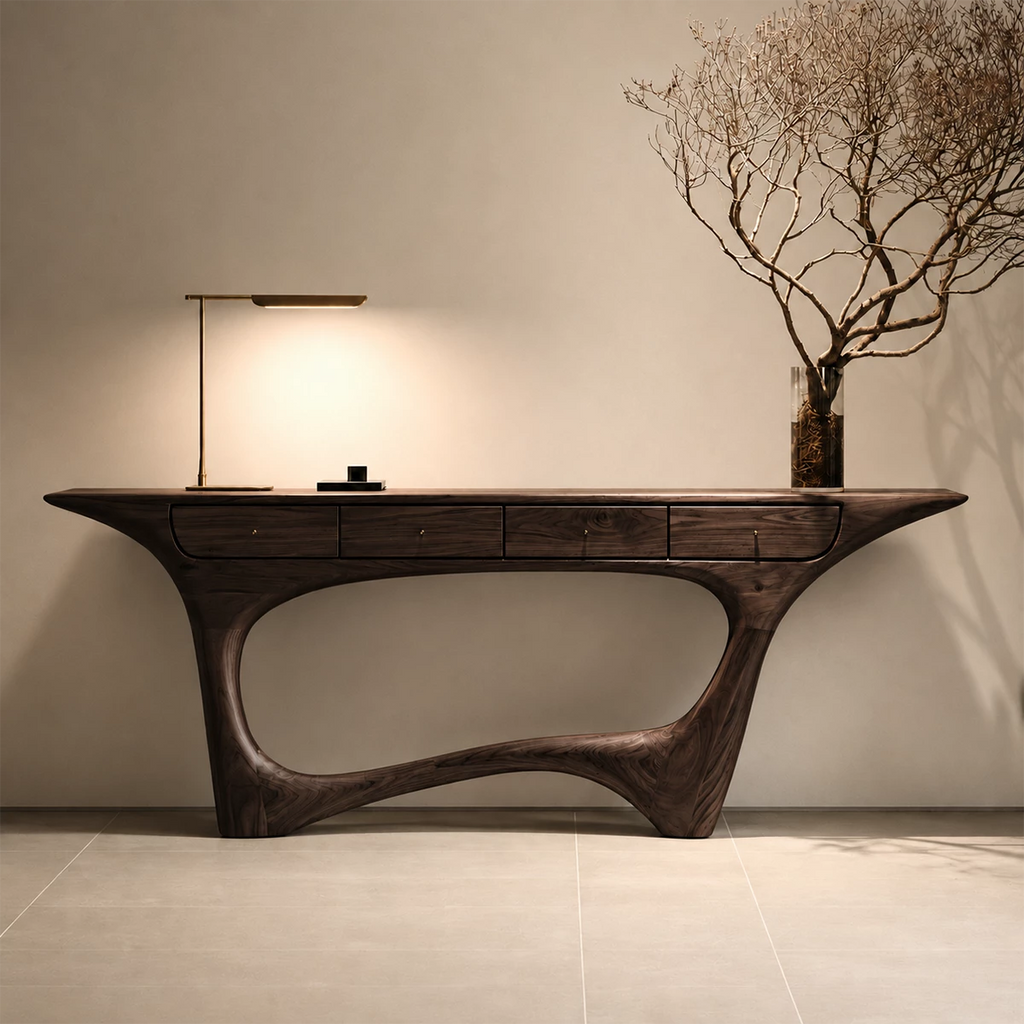 Natural Solid Wood Console Table with Four Drawers Sculptural Modern Style