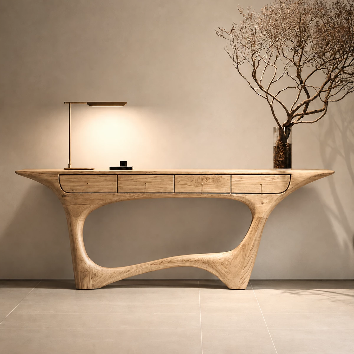 Natural Solid Wood Console Table with Four Drawers Sculptural Modern Style