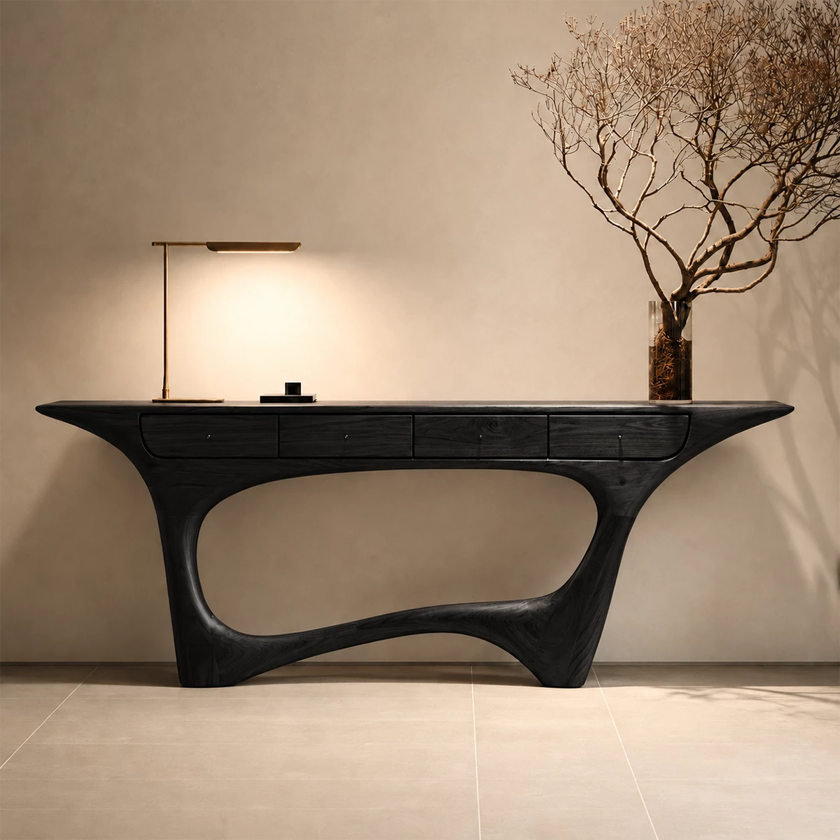 Natural Solid Wood Console Table with Four Drawers Sculptural Modern Style