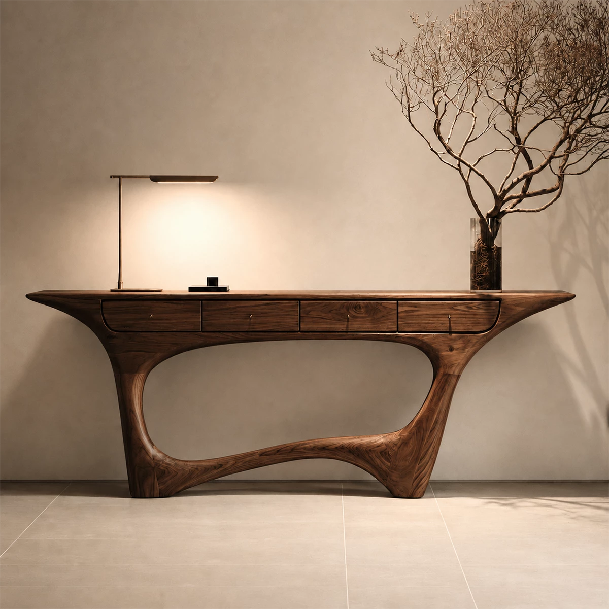 Natural Solid Wood Console Table with Four Drawers Sculptural Modern Style
