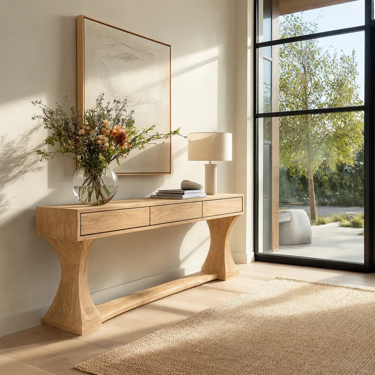 Natural Solid Wood Console Table with Drawers and Sculptural Base
