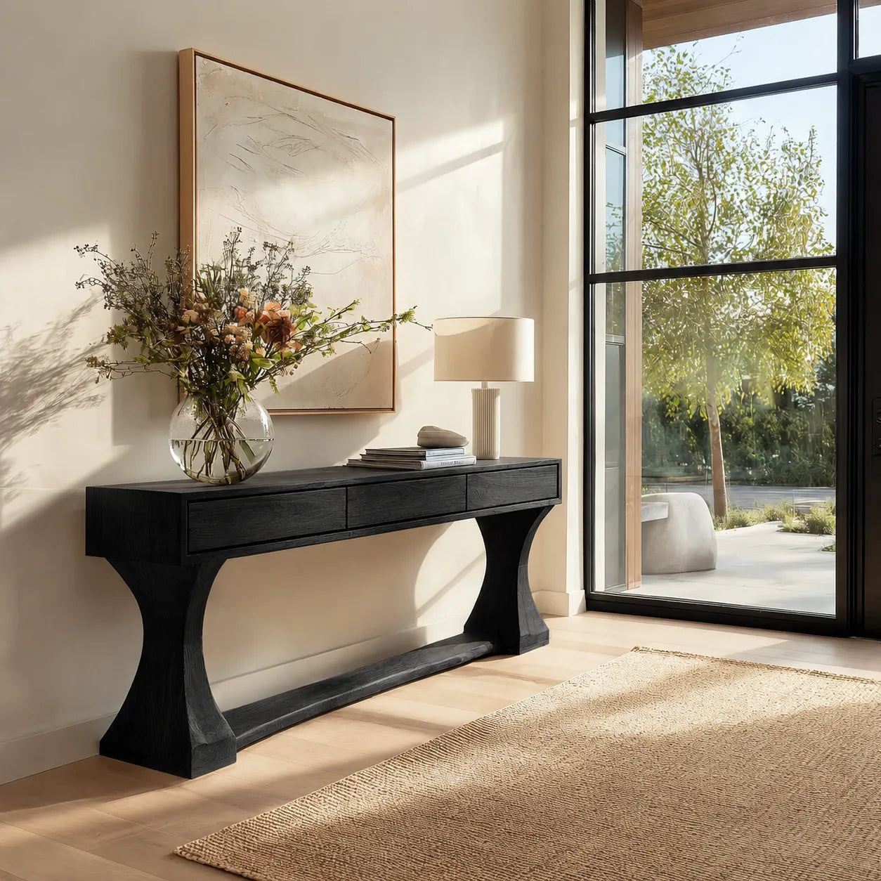 Natural Solid Wood Console Table with Drawers and Sculptural Base
