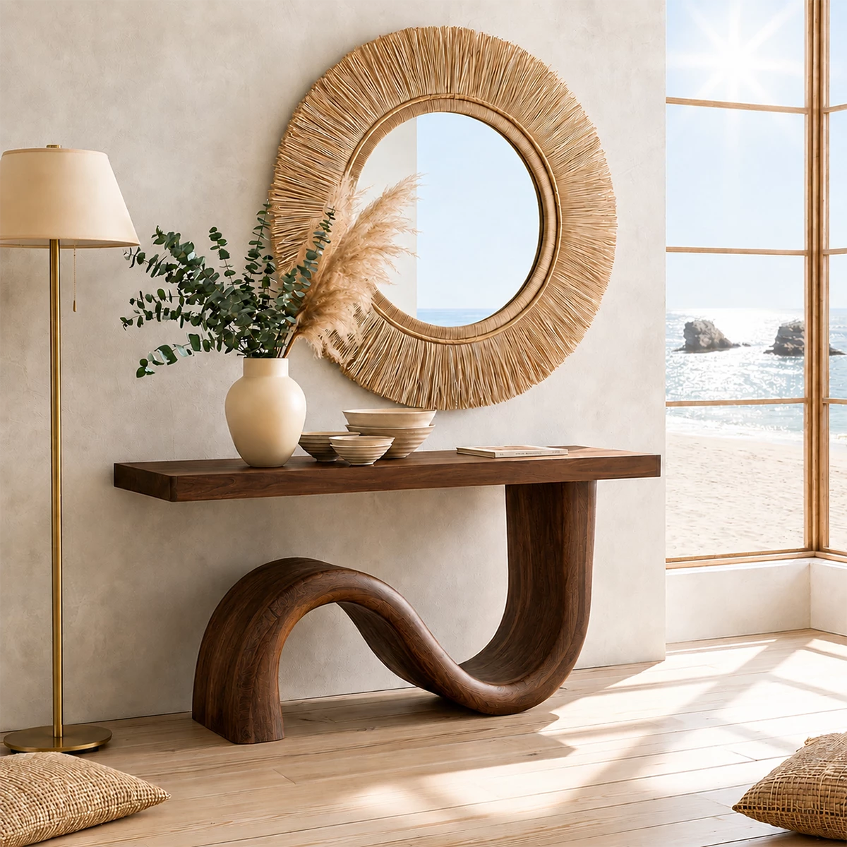 Natural Solid Wood Console Table Sculptural Wave Modern Style