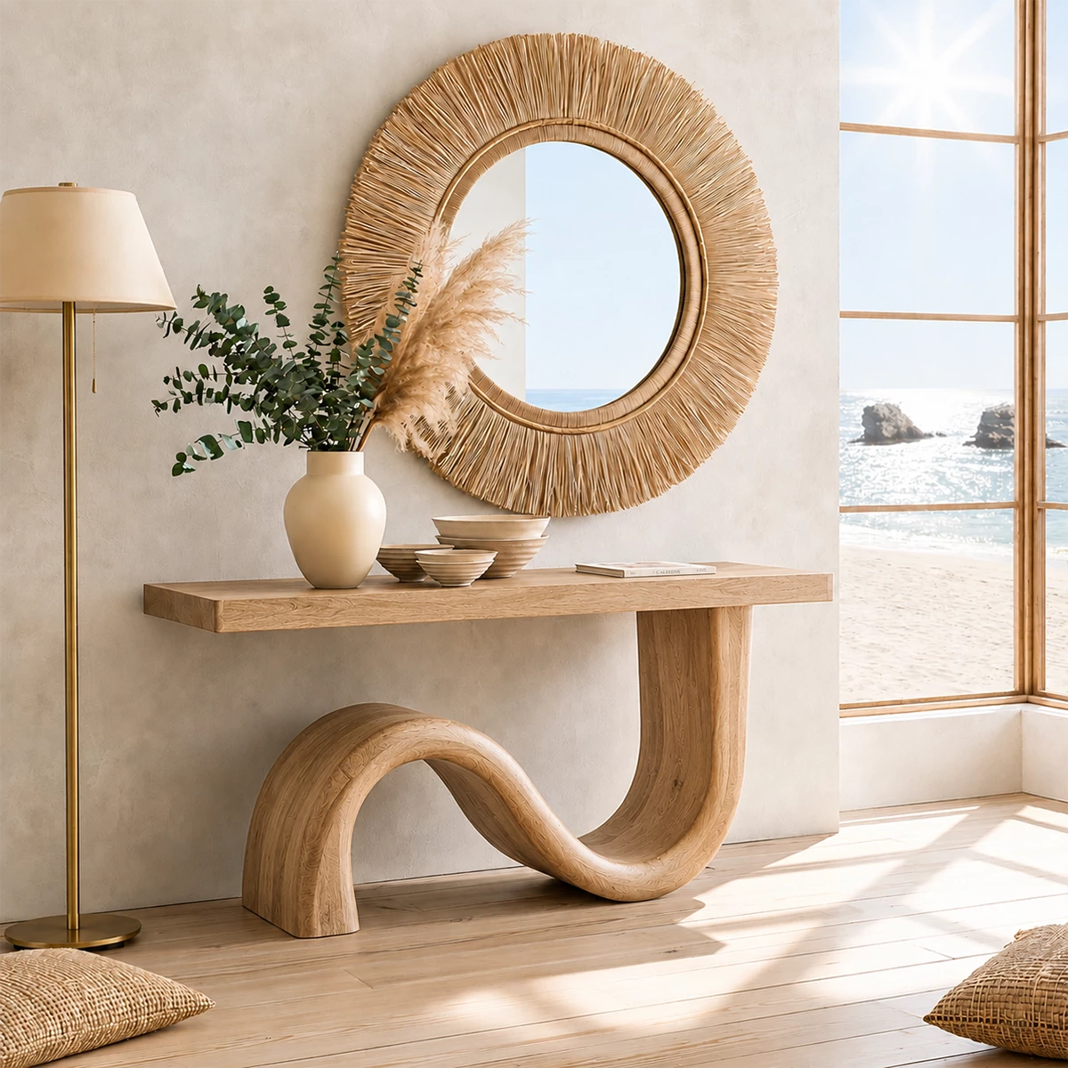 Natural Solid Wood Console Table Sculptural Wave Modern Style