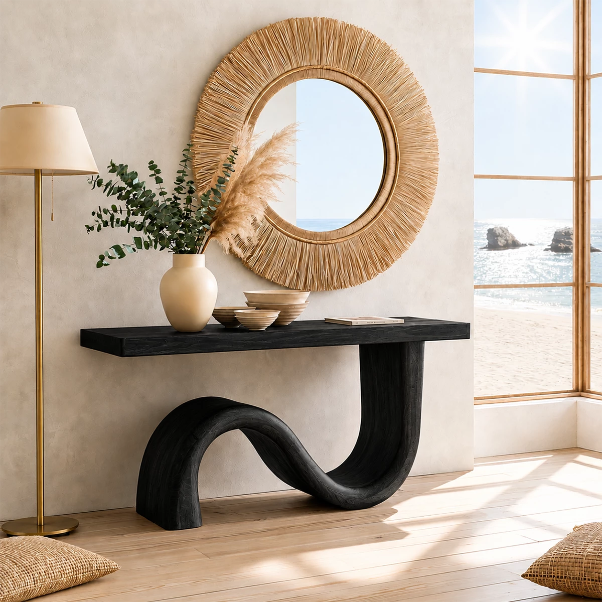 Natural Solid Wood Console Table Sculptural Wave Modern Style