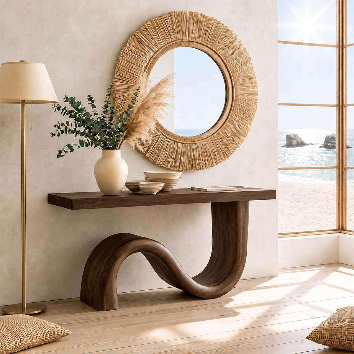 Natural Solid Wood Console Table Sculptural Wave Modern Style