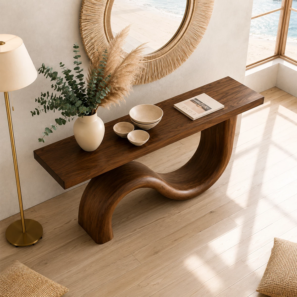 Natural Solid Wood Console Table Sculptural Wave Modern Style