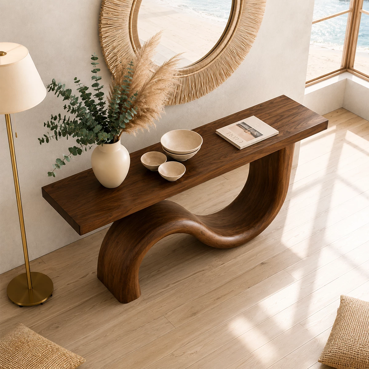 Natural Solid Wood Console Table Sculptural Wave Modern Style