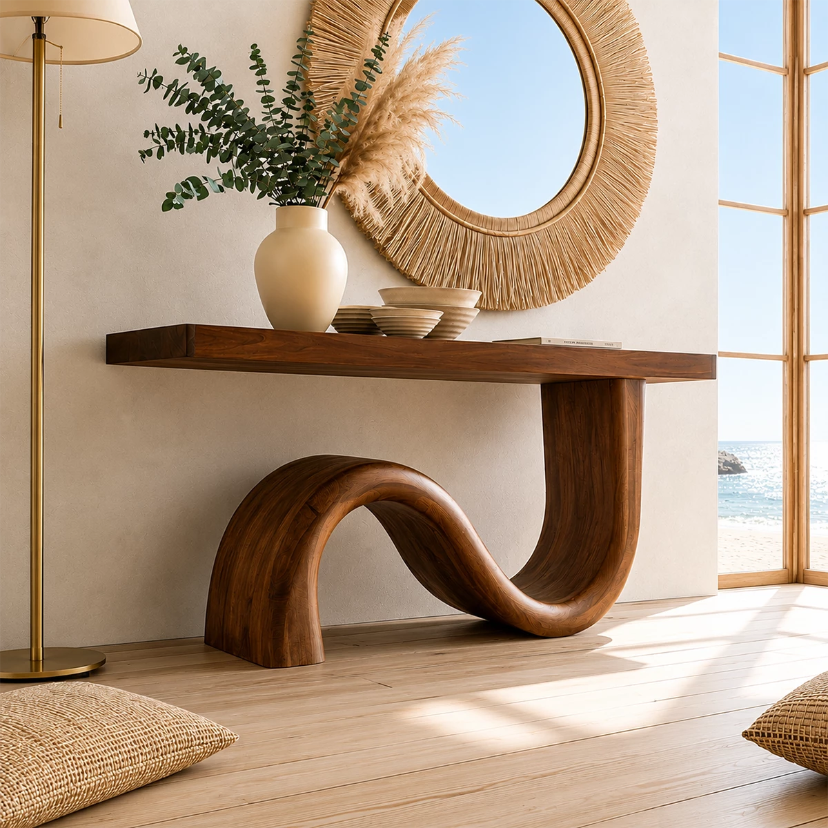 Natural Solid Wood Console Table Sculptural Wave Modern Style