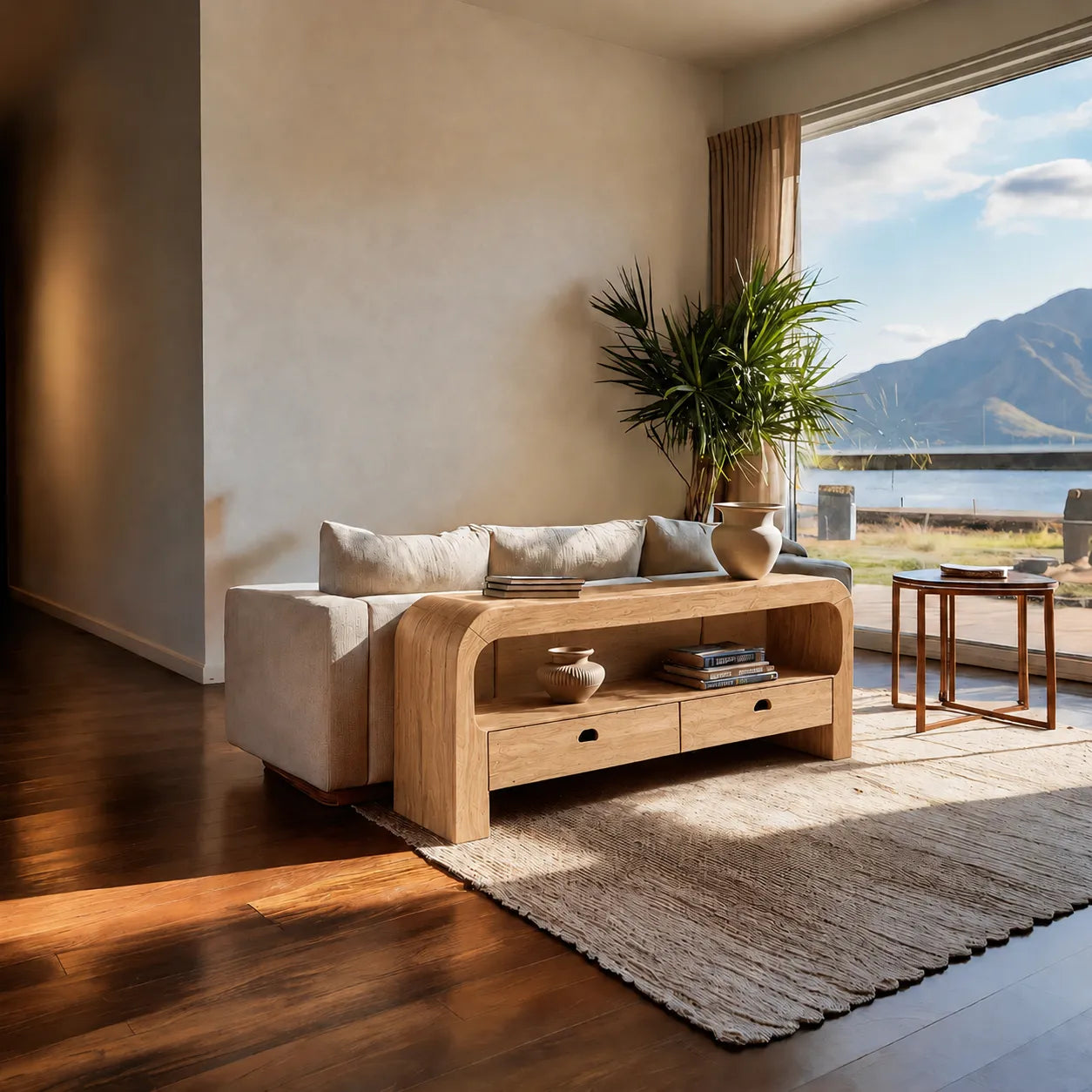 Natural Solid Wood Waterfall Sofa Console Table with Storage Drawers
