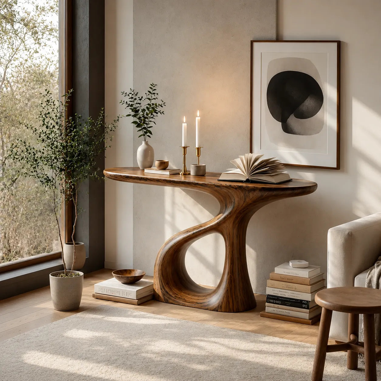 Sculptural Natural Solid Wood Console Table with Flowing Open Base