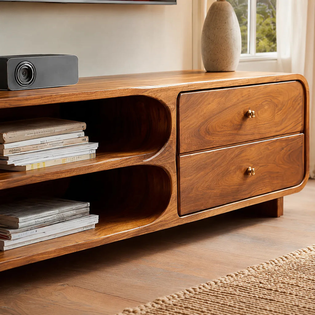 Rounded Natural Solid Wood TV Stand with Open Shelves and Drawers