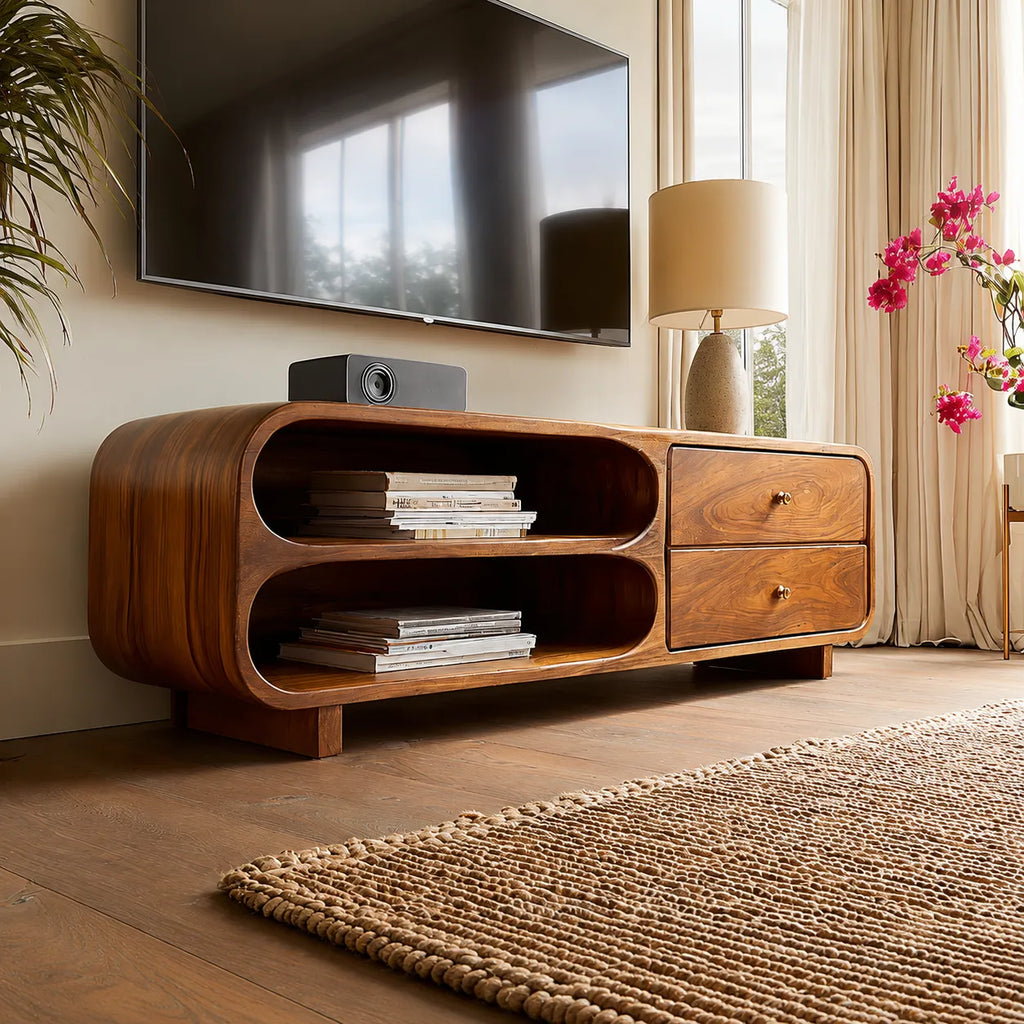 Rounded Natural Solid Wood TV Stand with Open Shelves and Drawers