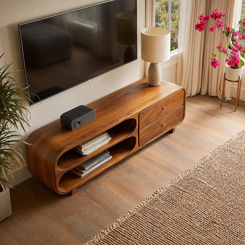Rounded Natural Solid Wood TV Stand with Open Shelves and Drawers