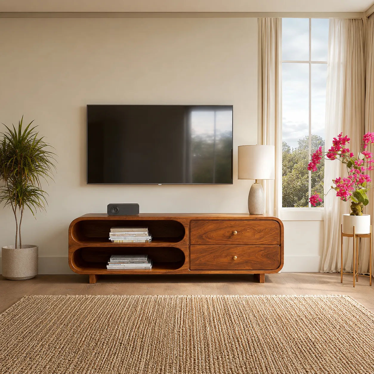 Rounded Natural Solid Wood TV Stand with Open Shelves and Drawers