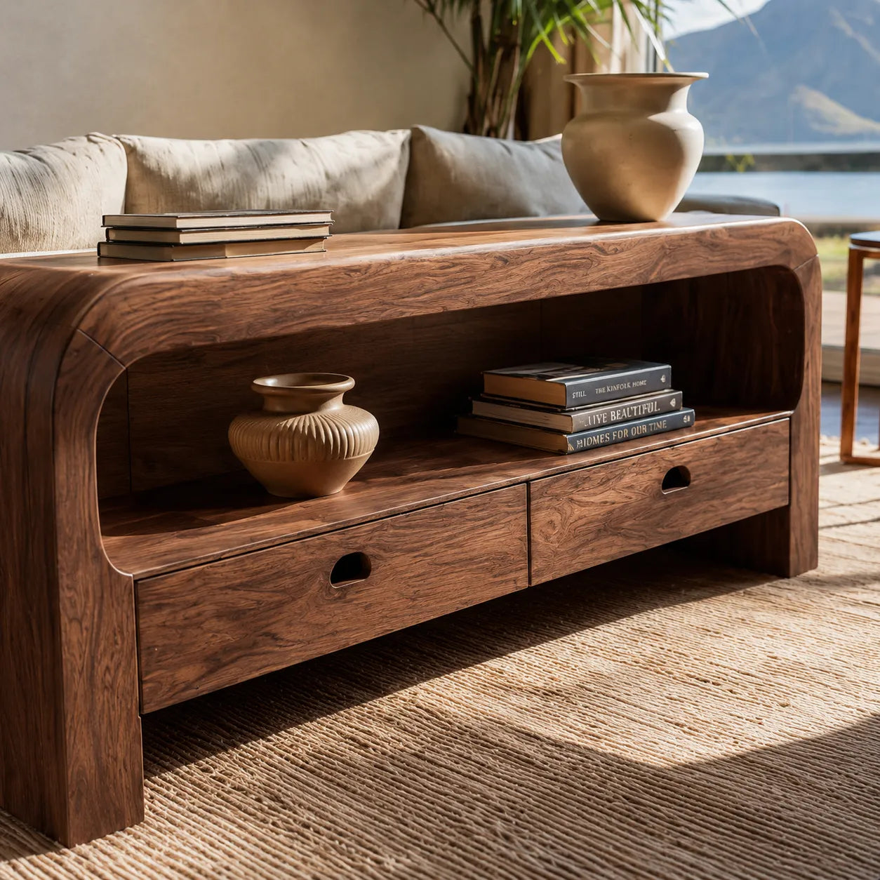 Natural Solid Wood Waterfall Sofa Console Table with Storage Drawers