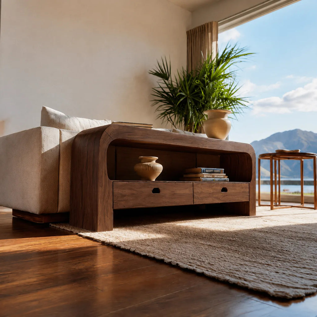 Natural Solid Wood Waterfall Sofa Console Table with Storage Drawers