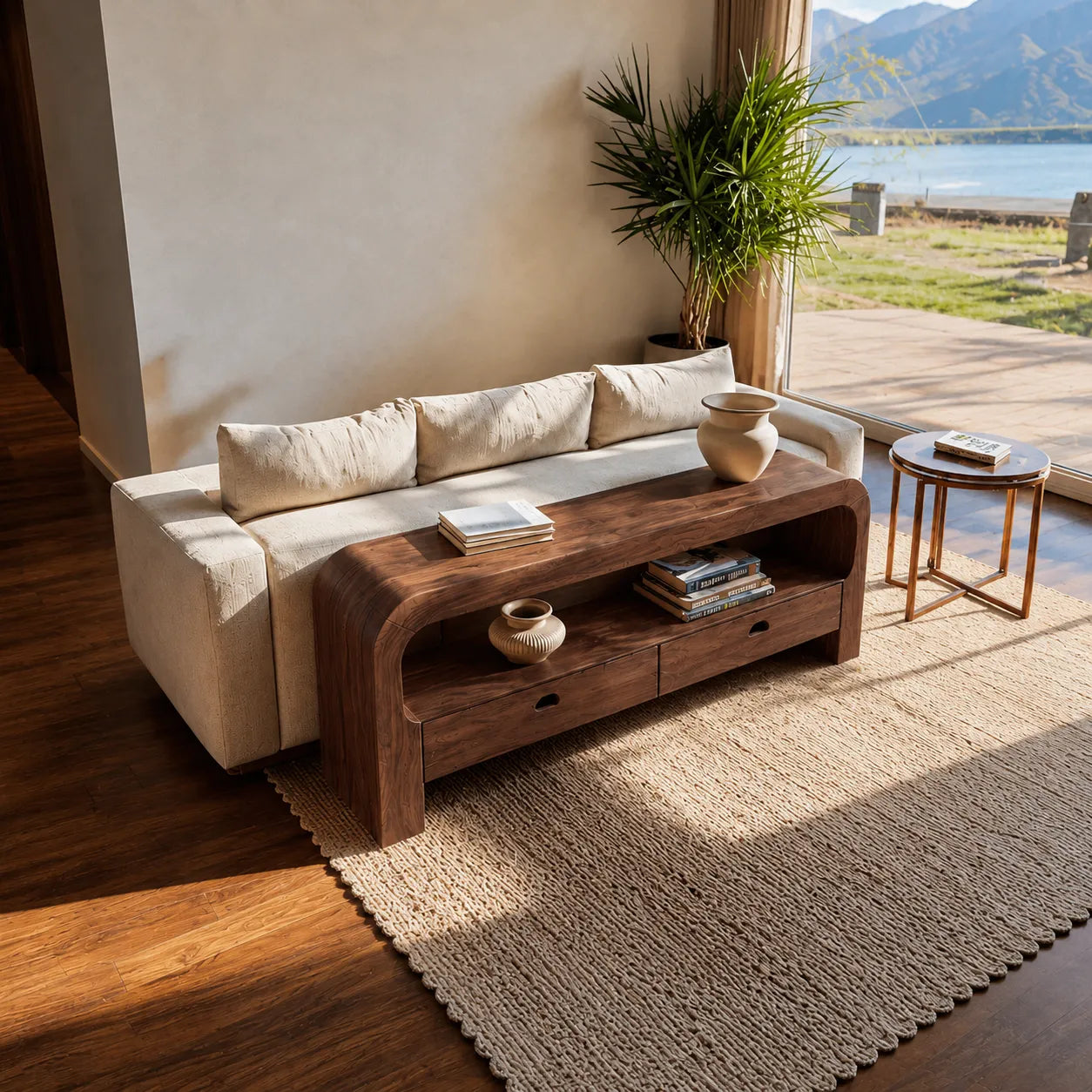 Natural Solid Wood Waterfall Sofa Console Table with Storage Drawers