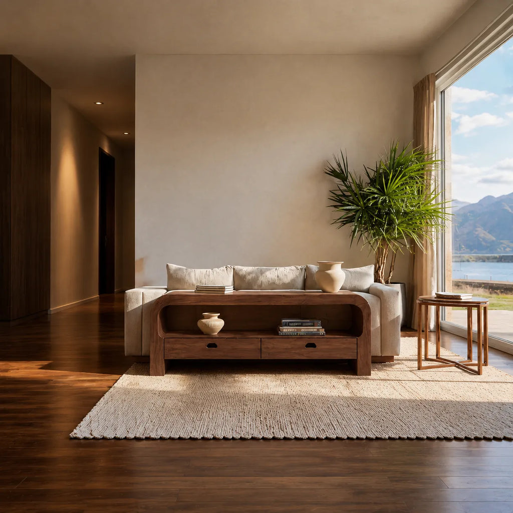 Natural Solid Wood Waterfall Sofa Console Table with Storage Drawers