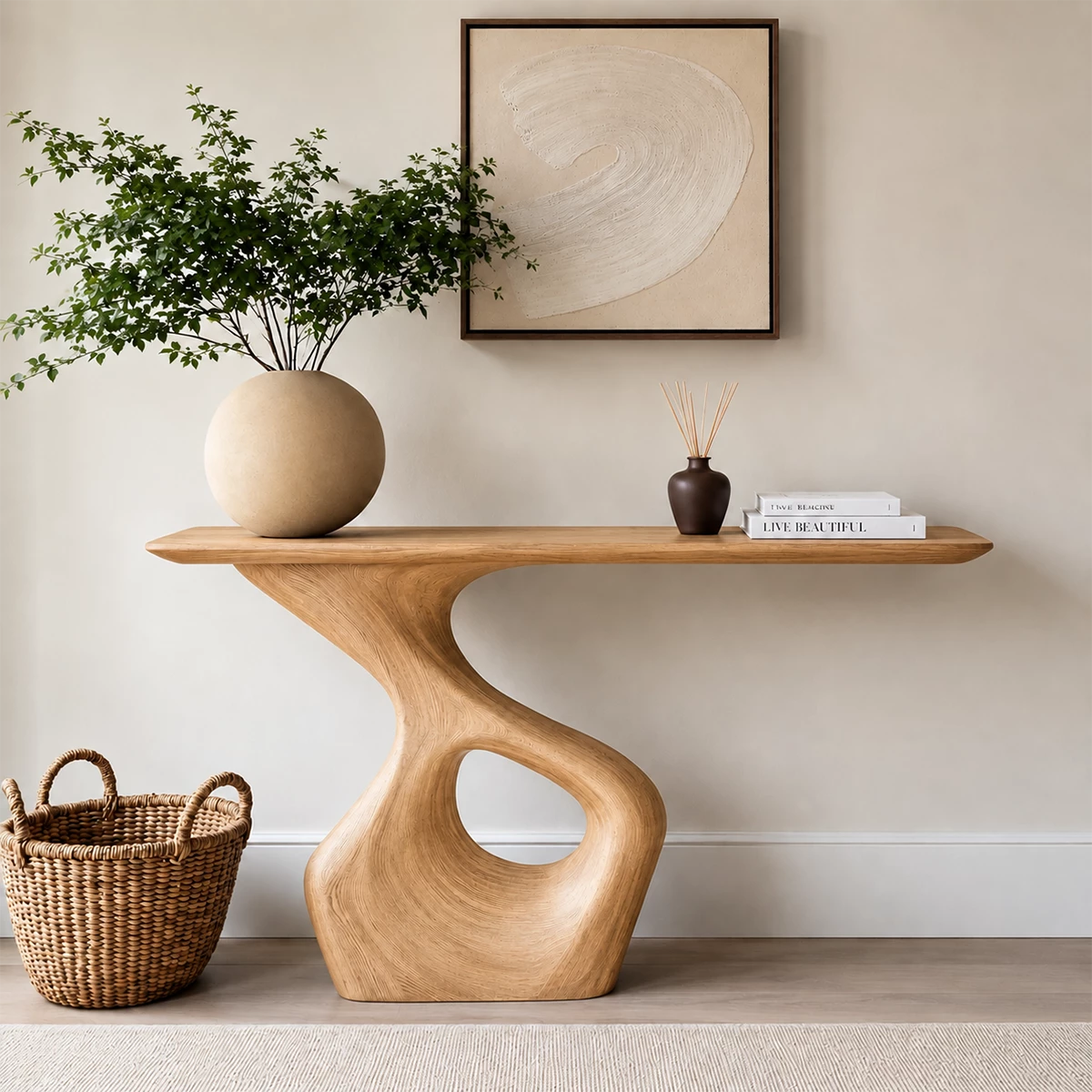 Natural Solid Wood Console Table with Abstract Cutout Pedestal Modern Style