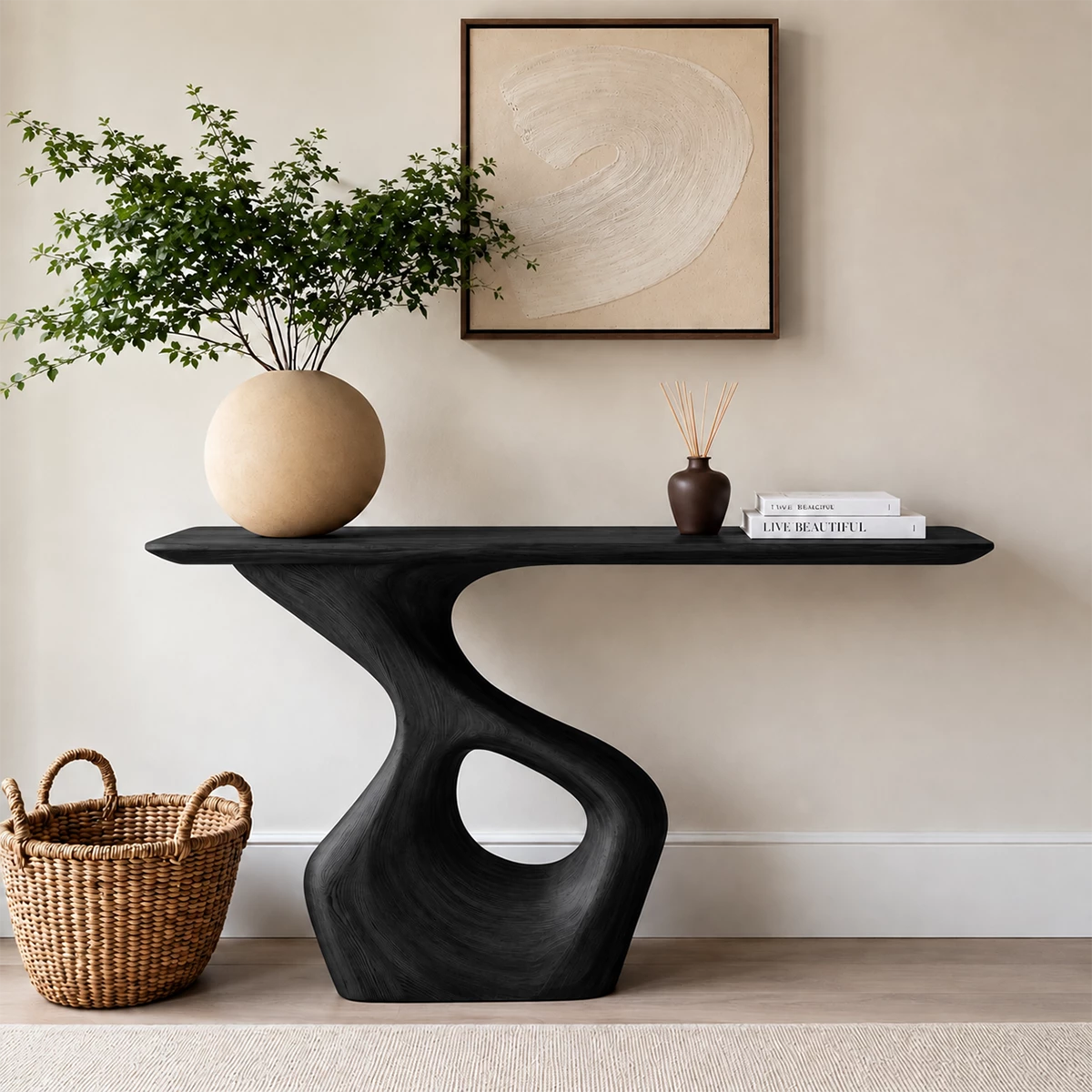 Natural Solid Wood Console Table with Abstract Cutout Pedestal Modern Style