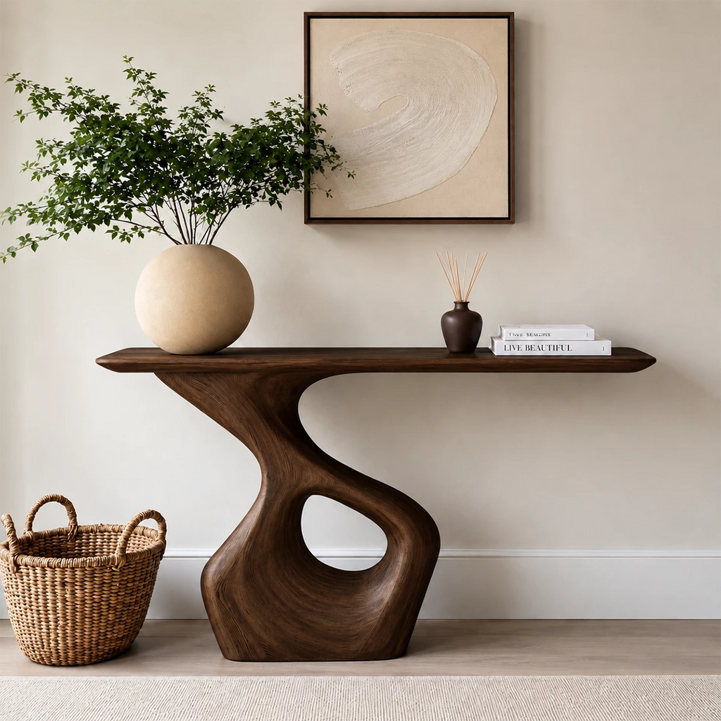 Natural Solid Wood Console Table with Abstract Cutout Pedestal Modern Style