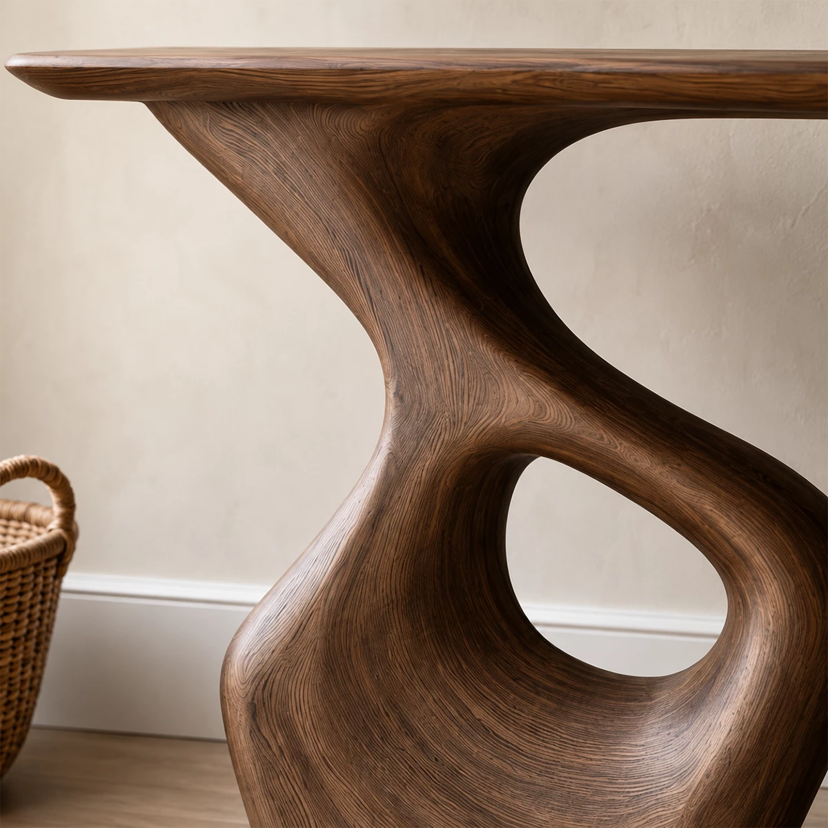 Natural Solid Wood Console Table with Abstract Cutout Pedestal Modern Style
