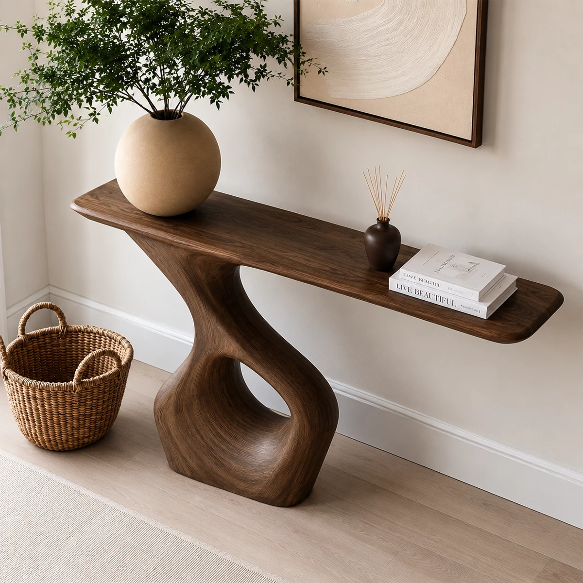 Natural Solid Wood Console Table with Abstract Cutout Pedestal Modern Style