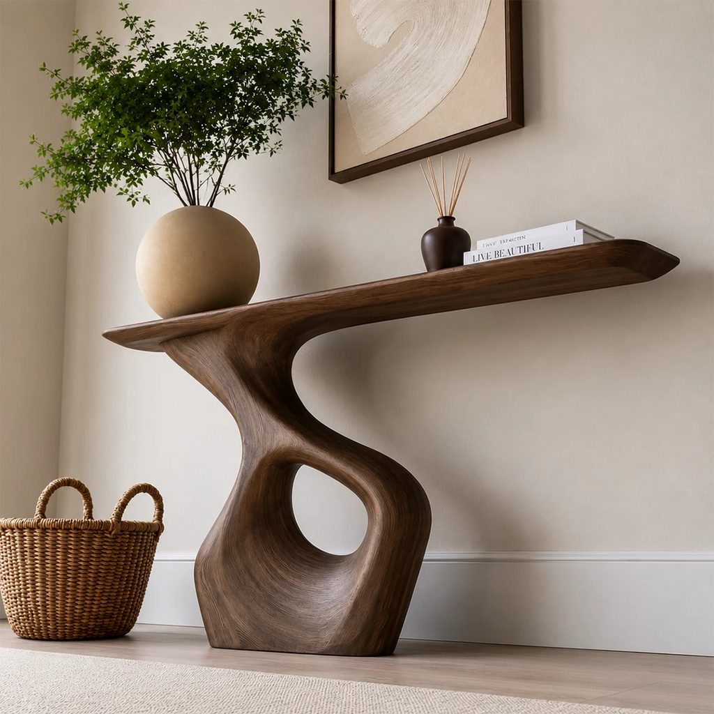 Natural Solid Wood Console Table with Abstract Cutout Pedestal Modern Style