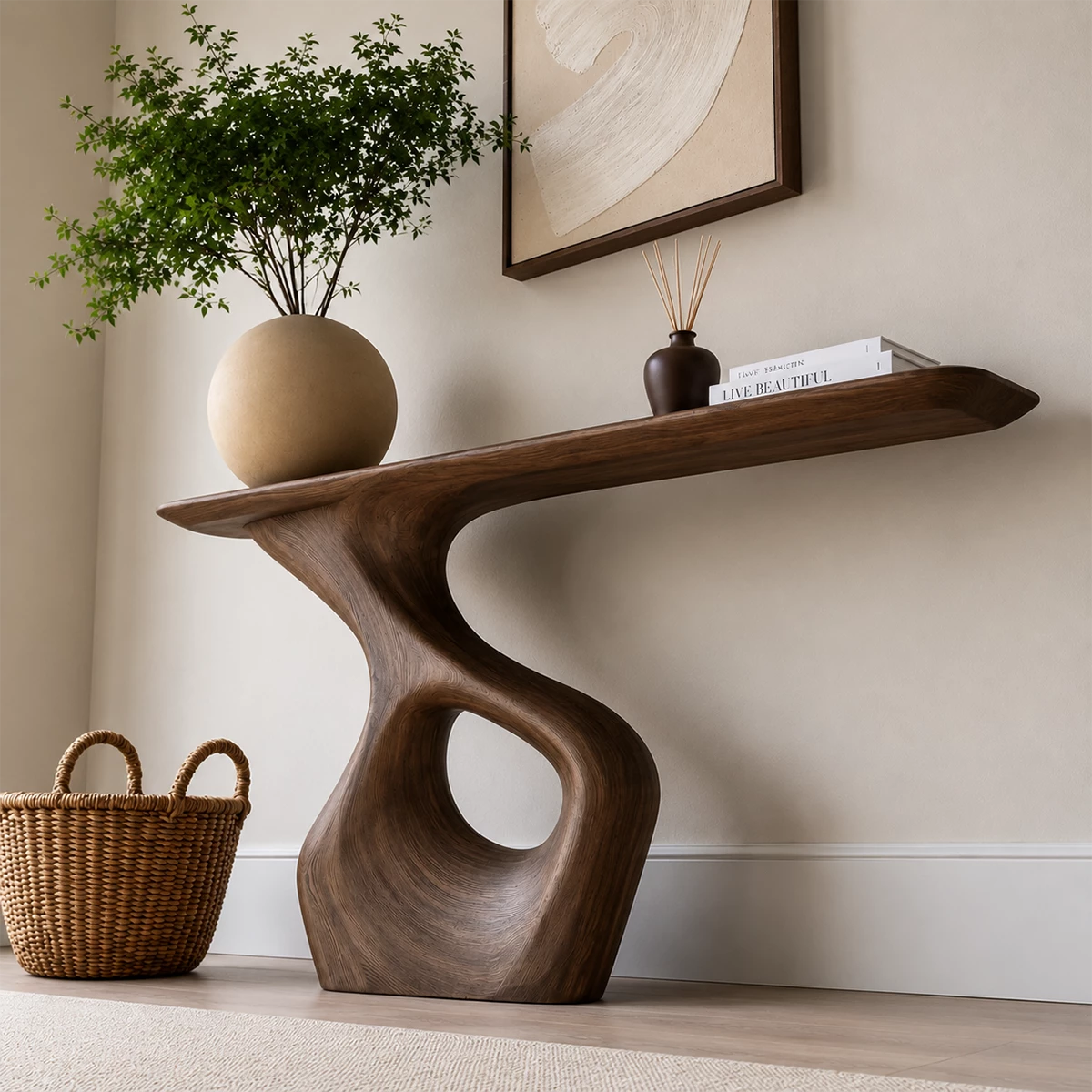 Natural Solid Wood Console Table with Abstract Cutout Pedestal Modern Style
