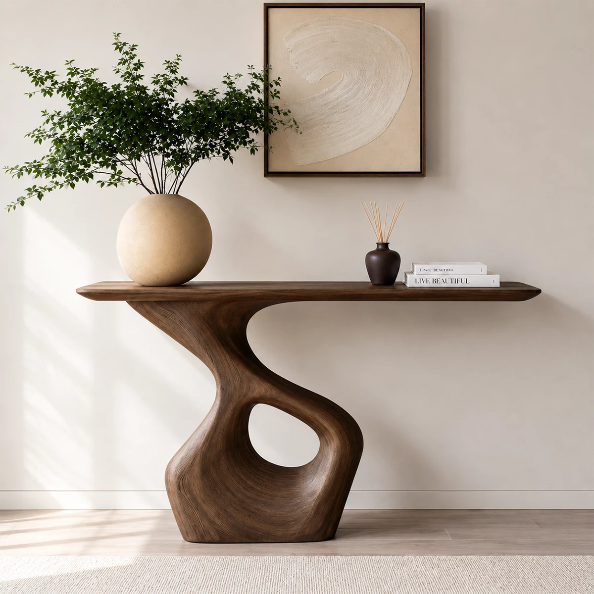 Natural Solid Wood Console Table with Abstract Cutout Pedestal Modern Style