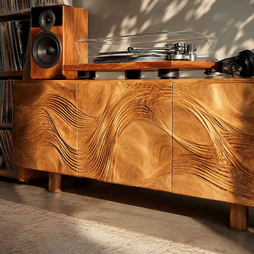 Wave Carved Natural Solid Wood TV Stand with Concealed Storage Doors